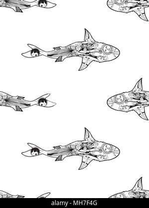 Vector seamless pattern of zentangle shark on white background coloring page book anti stress for adult shark top view stock vector image art