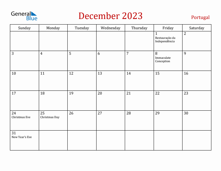 December monthly calendar with portugal holidays