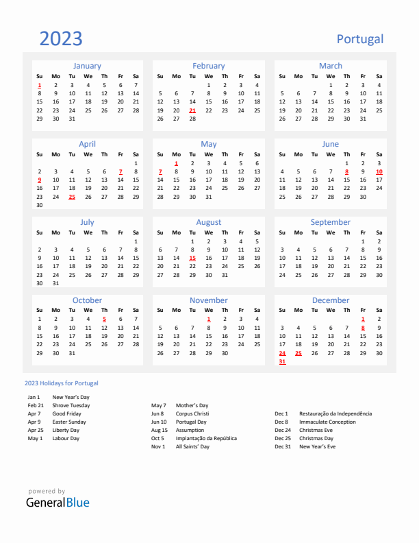 Portugal calendar with holidays