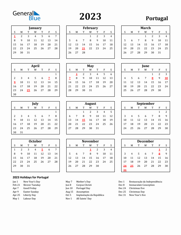 Portugal calendar with holidays