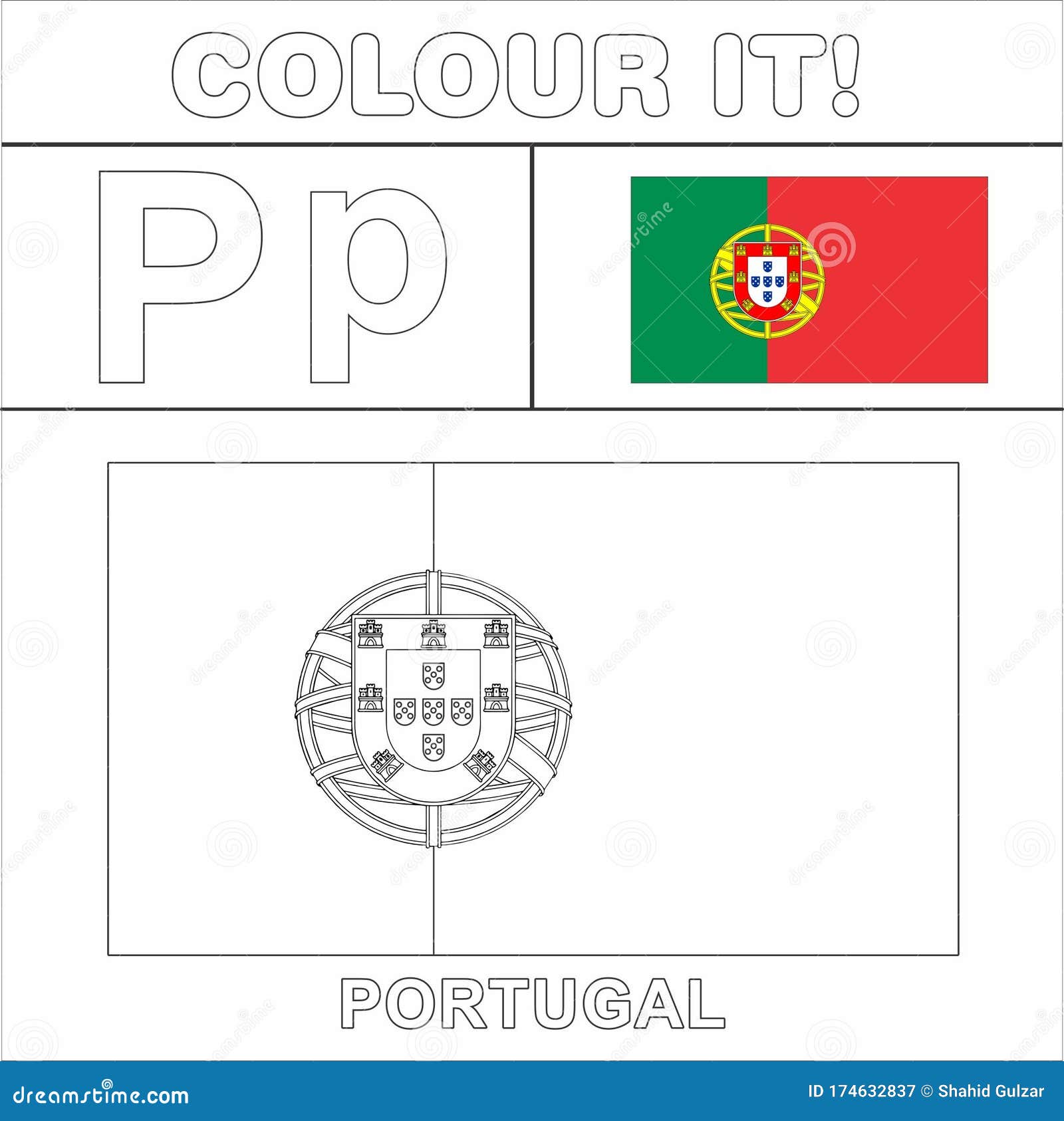 Colour it kids colouring page country starting from english letter p portugal how to color flag stock illustration