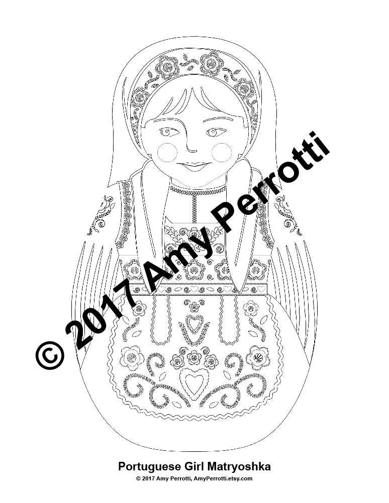 Portuguese coloring sheet printable file traditional folk dress matryoshka doll