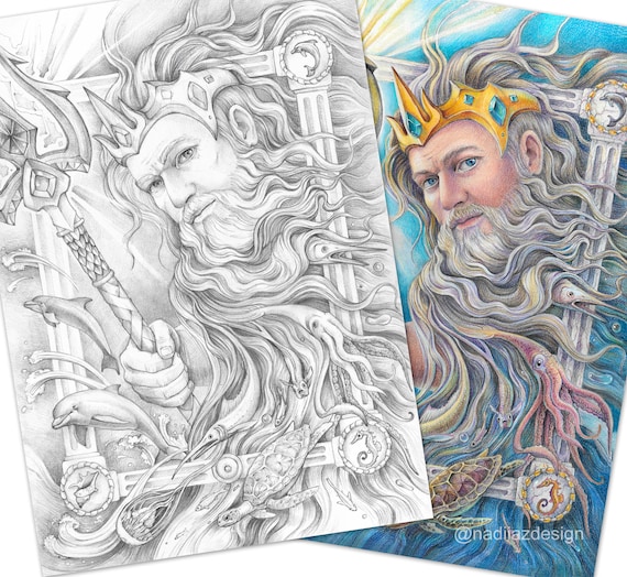 Adult coloring page of grayscale portrait of poseidon pdf