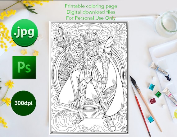 Saint seiya coloring page poseidon coloring sheet using digital printing adults and children coloring great detail