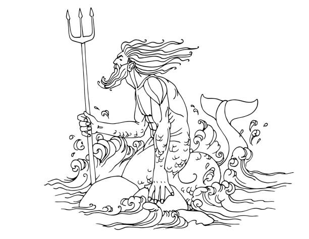 Triton in the waves ancient greek god of the deep water with a trident diving logo or emblem stock illustration