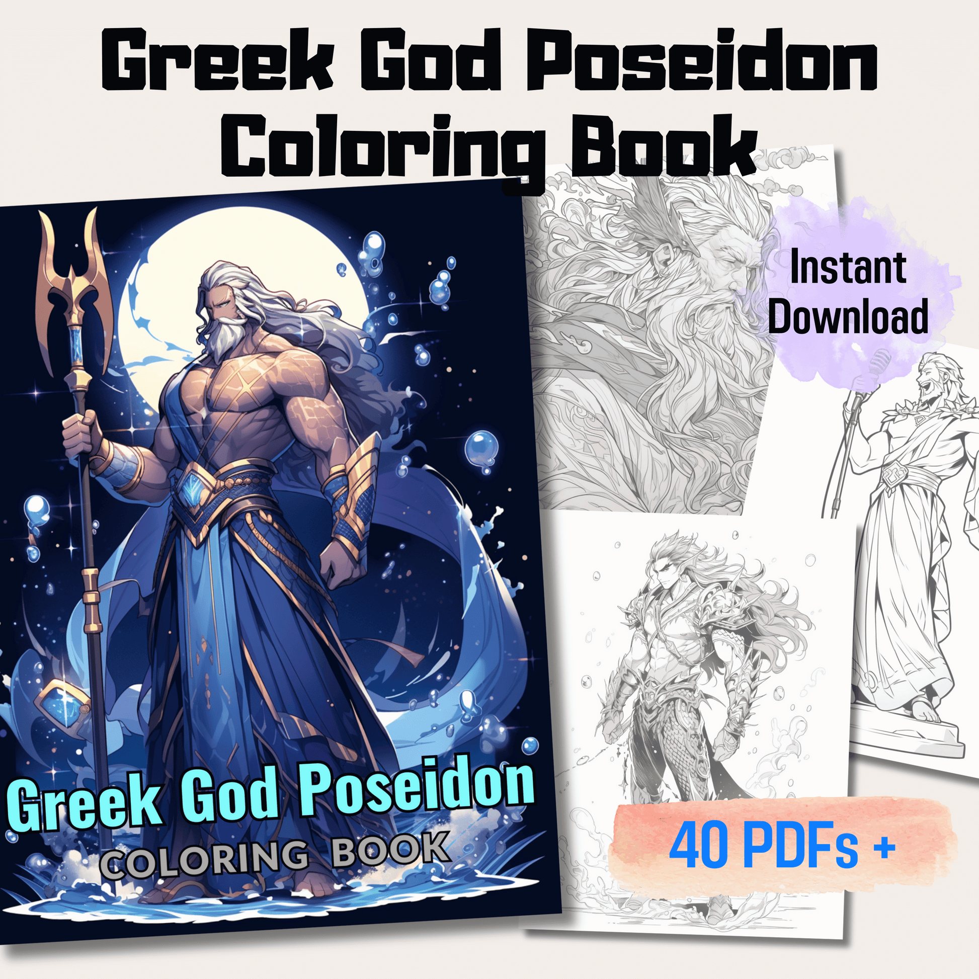 Pages greek god poseidon grayscale coloring book instant download â funny print for you