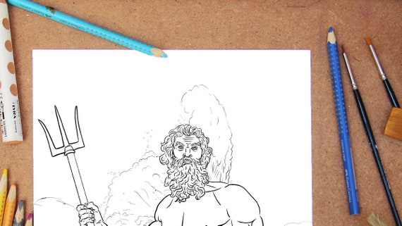 Poseidon coloring page printable colouring adults children lineart stress relief greek god drawing painting trigger creativity