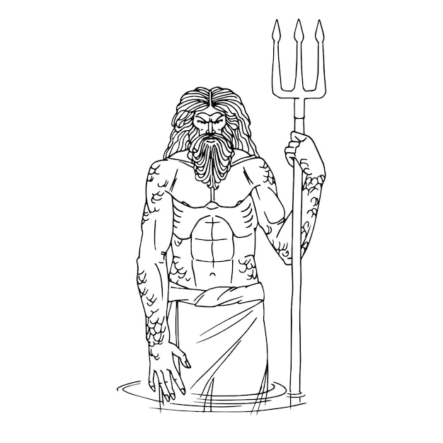 Premium vector the ancient greek god of the sea poseidon es out of the water with a trident vector illustration