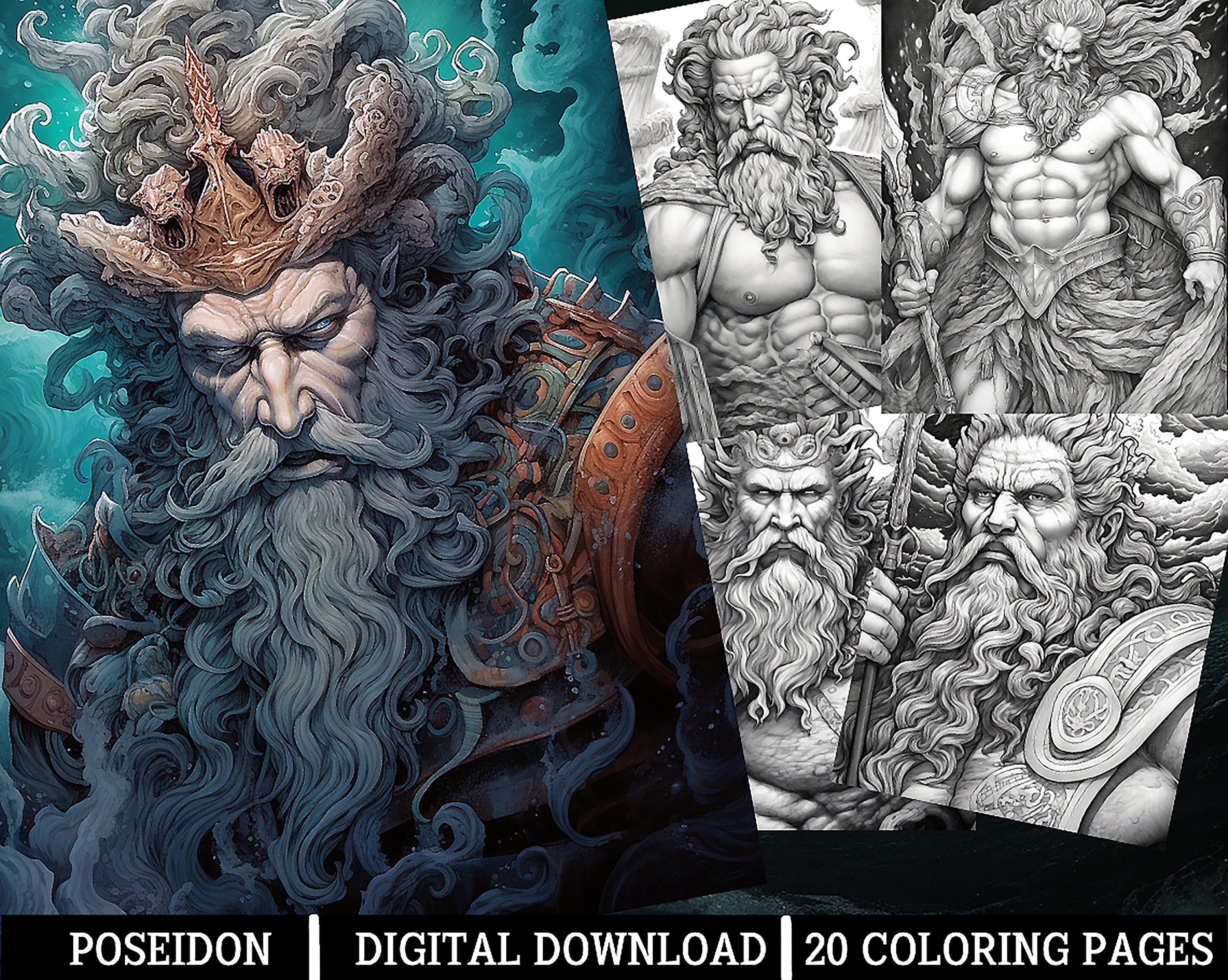 Poseidon coloring pages for adults instant download grayscale coloring page printable pngjpeg color grading fantasy sea god artwork