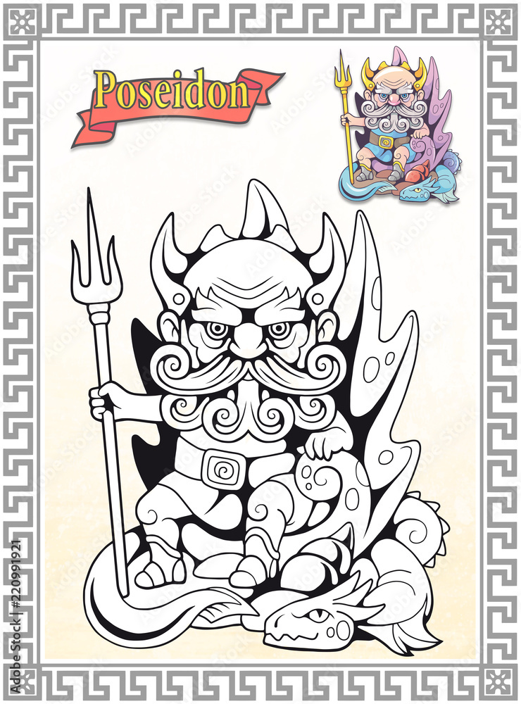 Coloring book ancient greek god poseidon sits on the throne illustration