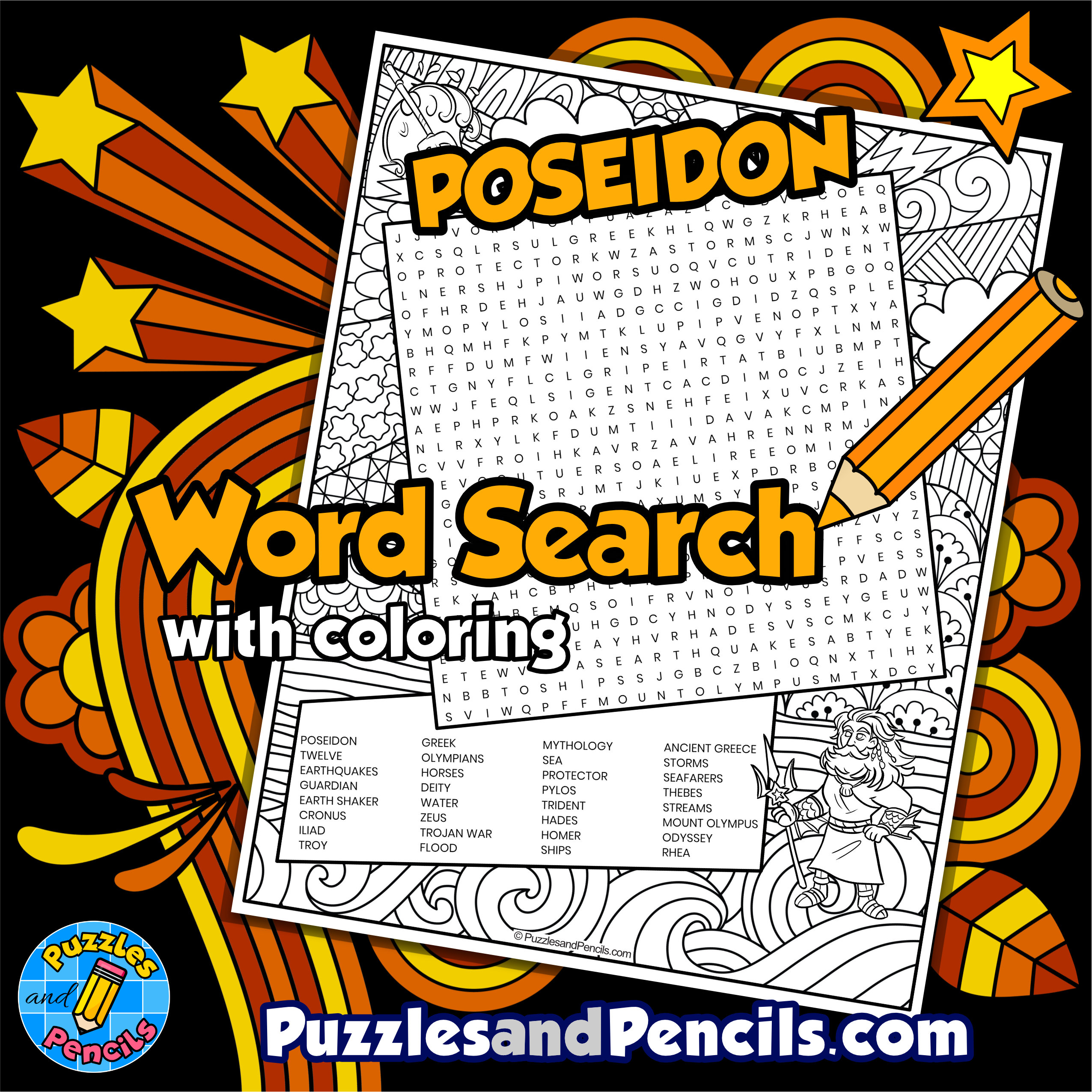 Poseidon word search puzzle with coloring greek mythology wordsearch made by teachers