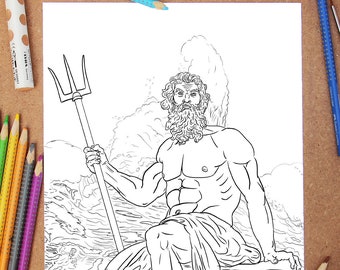 Poseidon coloring page printable colouring adults children lineart stress relief greek god drawing painting trigger creativity