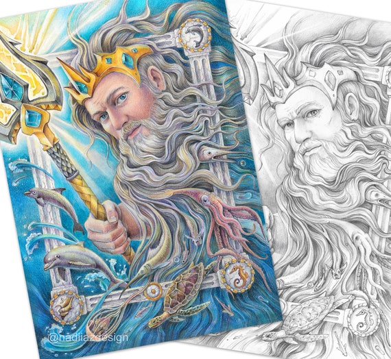 Adult coloring page of grayscale portrait of poseidon pdf printable digital download instant download