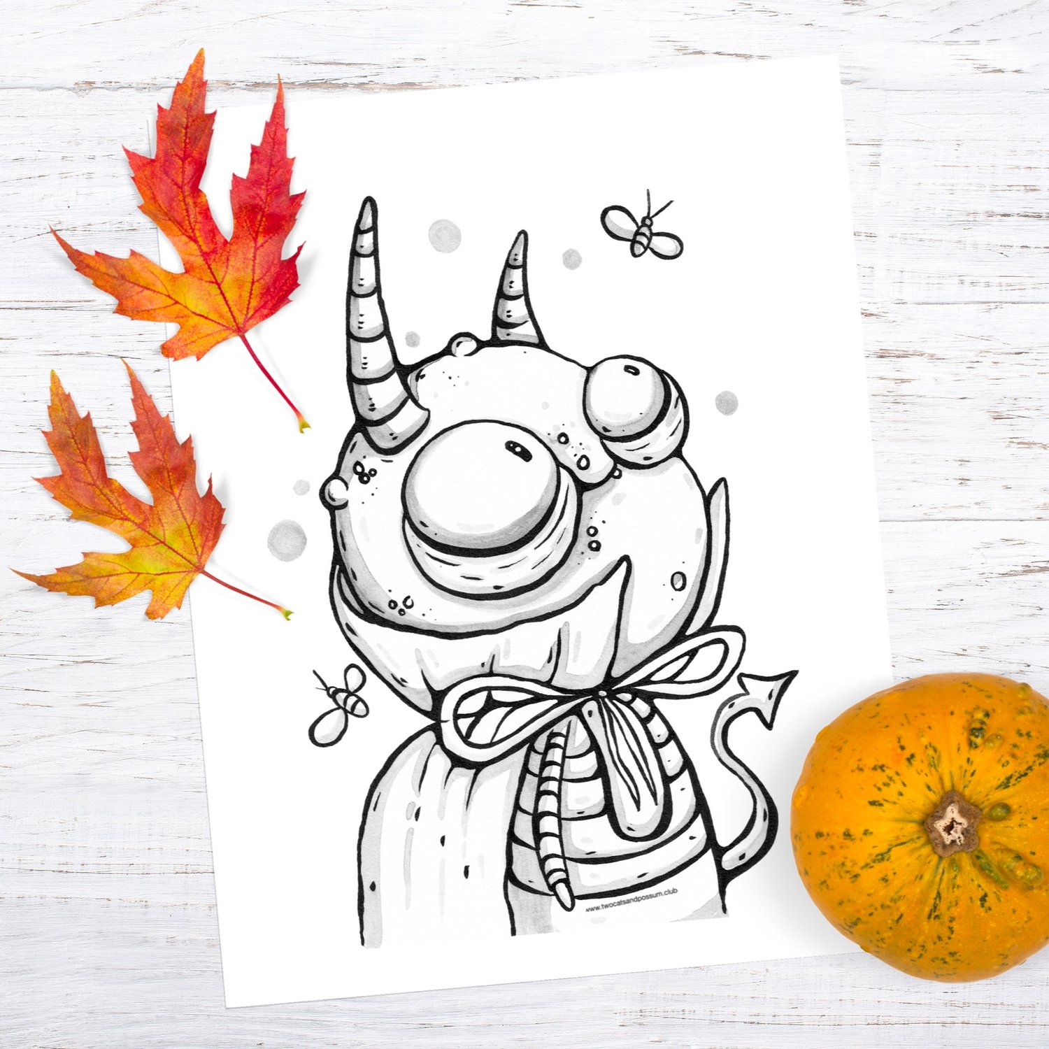 Printable cute imp with bees halloween coloring page