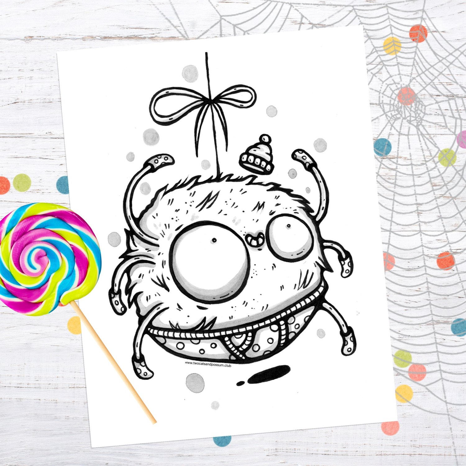 Cute spider in underwear halloween coloring page