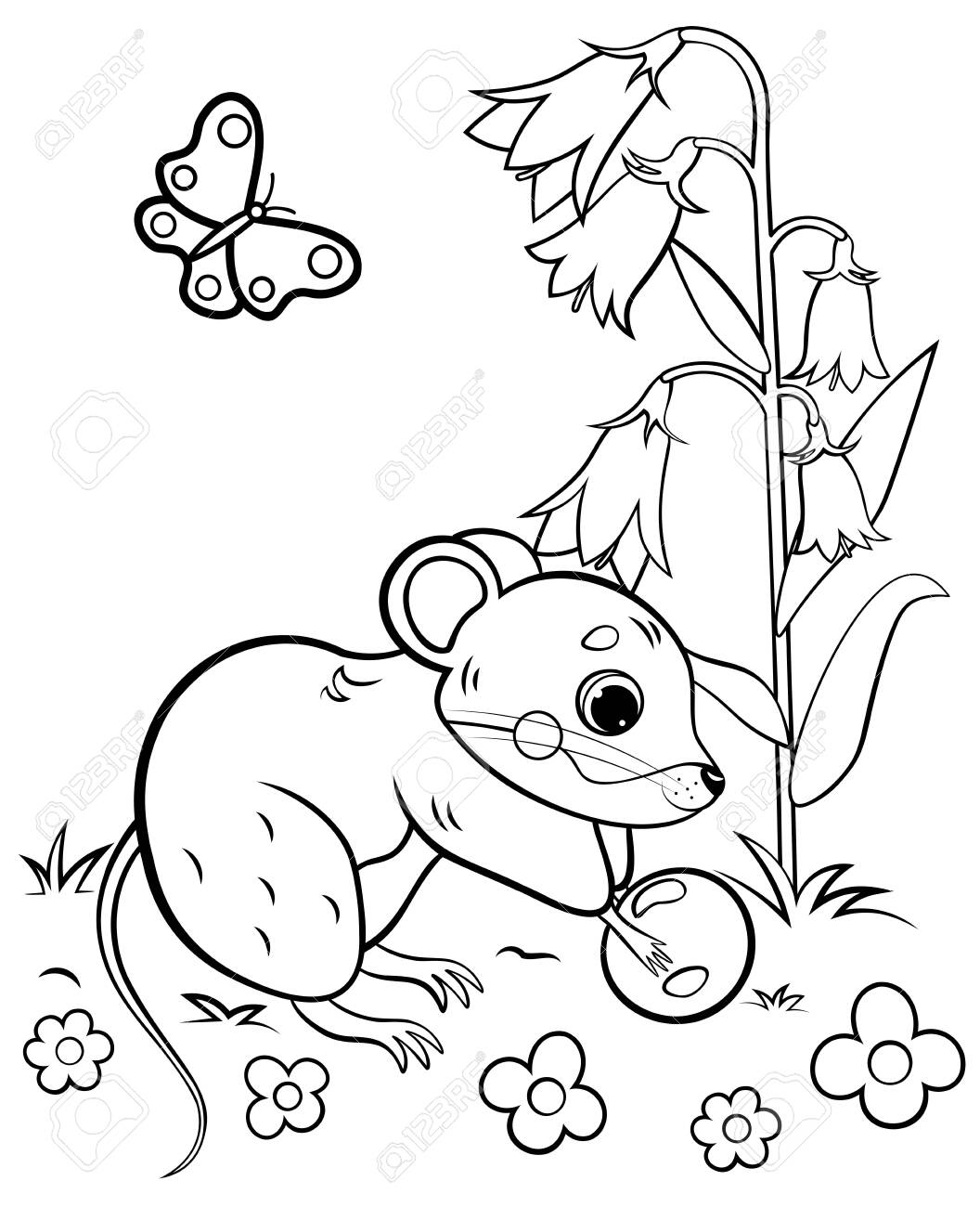 Coloring page outline of cute cartoon vole or mouse with berry vector image with nature background coloring book of forest wild animals for kids royalty free svg cliparts vectors and stock illustration