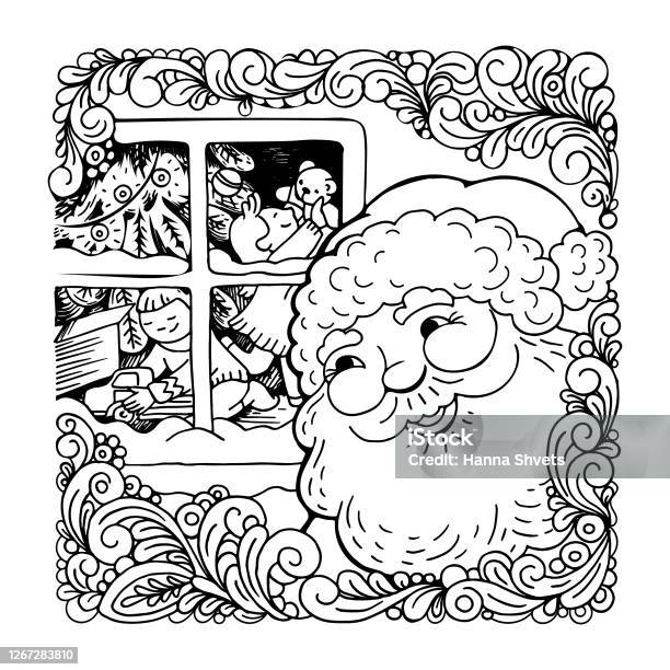 Coloring book postcard happy new year santa claus is watching through the window as happy children