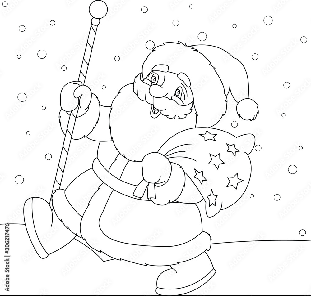 Santa clause with gift bag coloring book coloring pages winter illustration in outlines christmas vector illustration ready postcard children coloring book vector