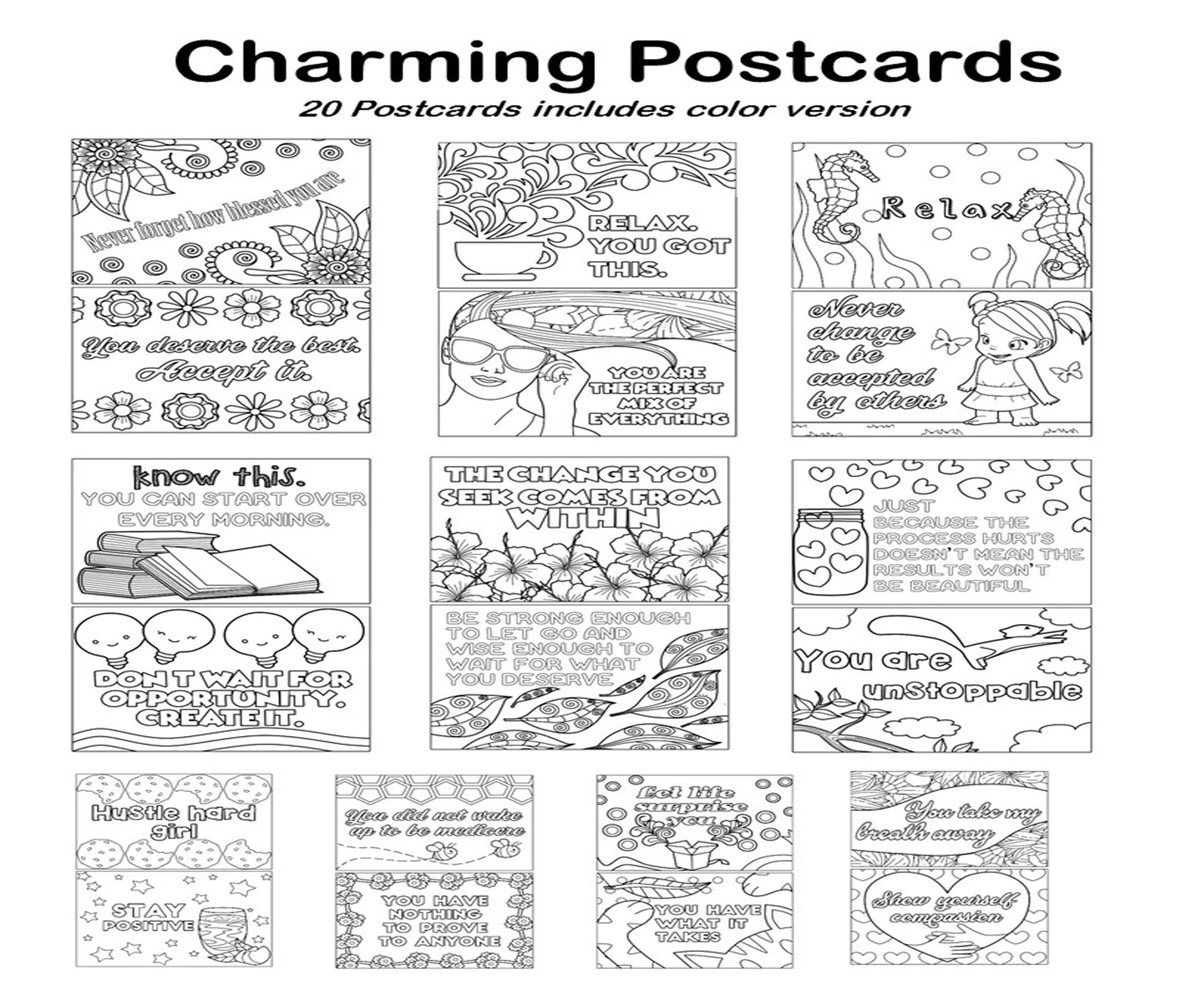 Charming postcards coloring for adults printable postcards instant download pdf