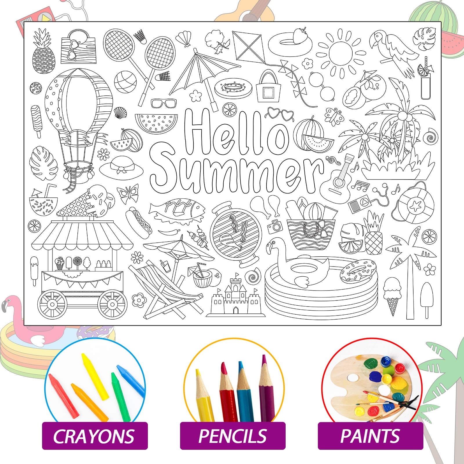 Zoiiwa hello summer coloring poster for kids giant coloring poster large summer coloring tablecloth jumbo coloring books for kids classroom home birthday party supplies favor x inch home kitchen