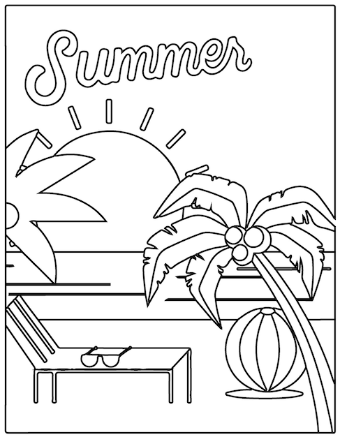 Premium vector hello summer coloring pages and symbols on the summer beach