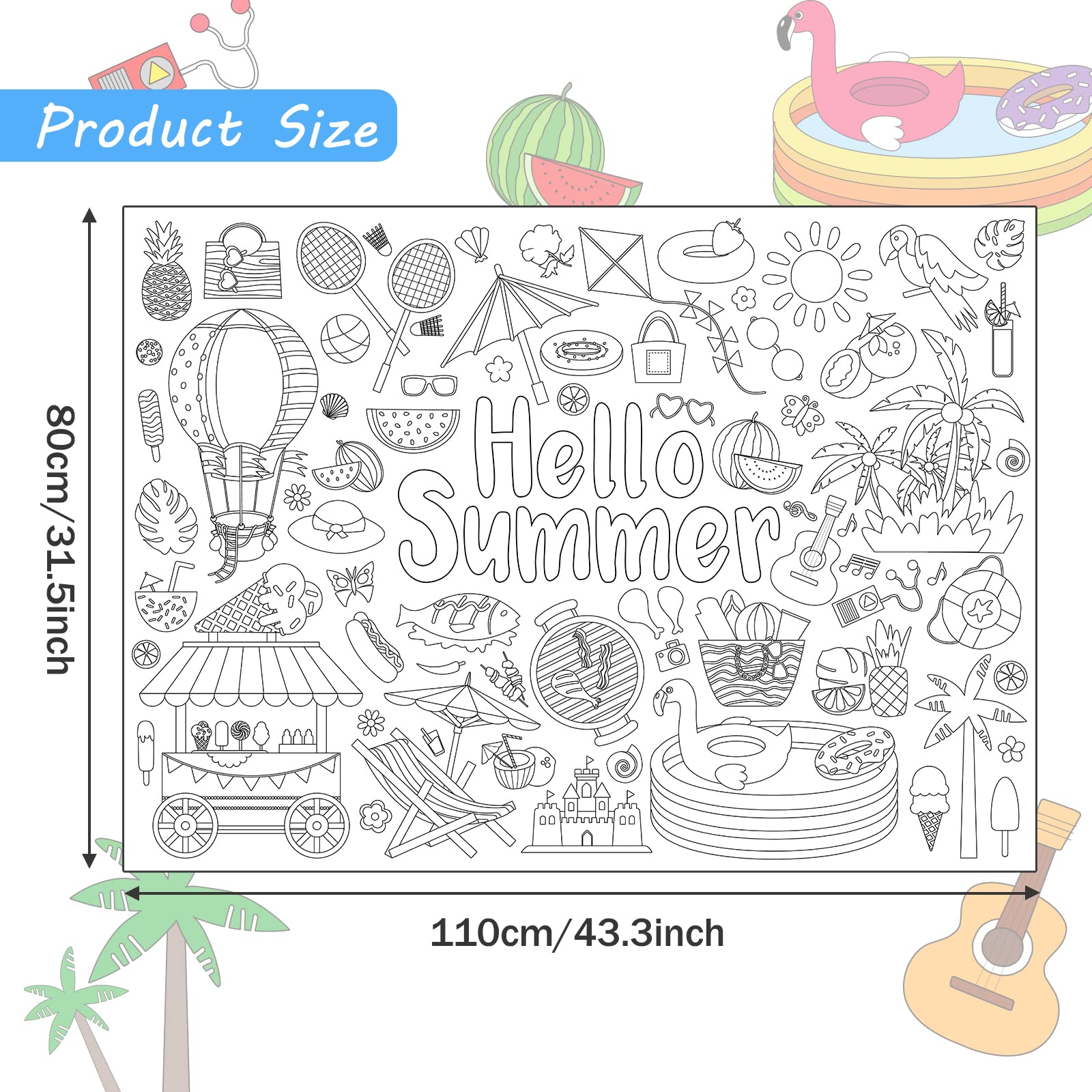 Zoiiwa hello summer coloring poster for kids giant coloring poster large summer coloring tablecloth jumbo coloring books for kids classroom home birthday party supplies favor x inch home