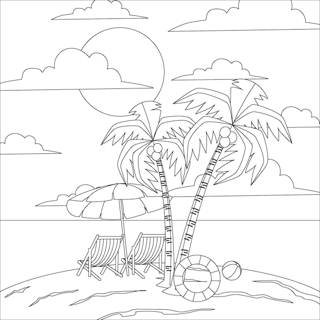 Premium vector children summer beach coloring illustration for kids blank printable design for children