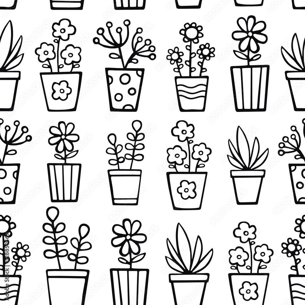 Doodle house plants vector seamless pattern with hand drawn plants in pots nice doodle flowers outline black and white colors coloring page for anti stress coloring book vector