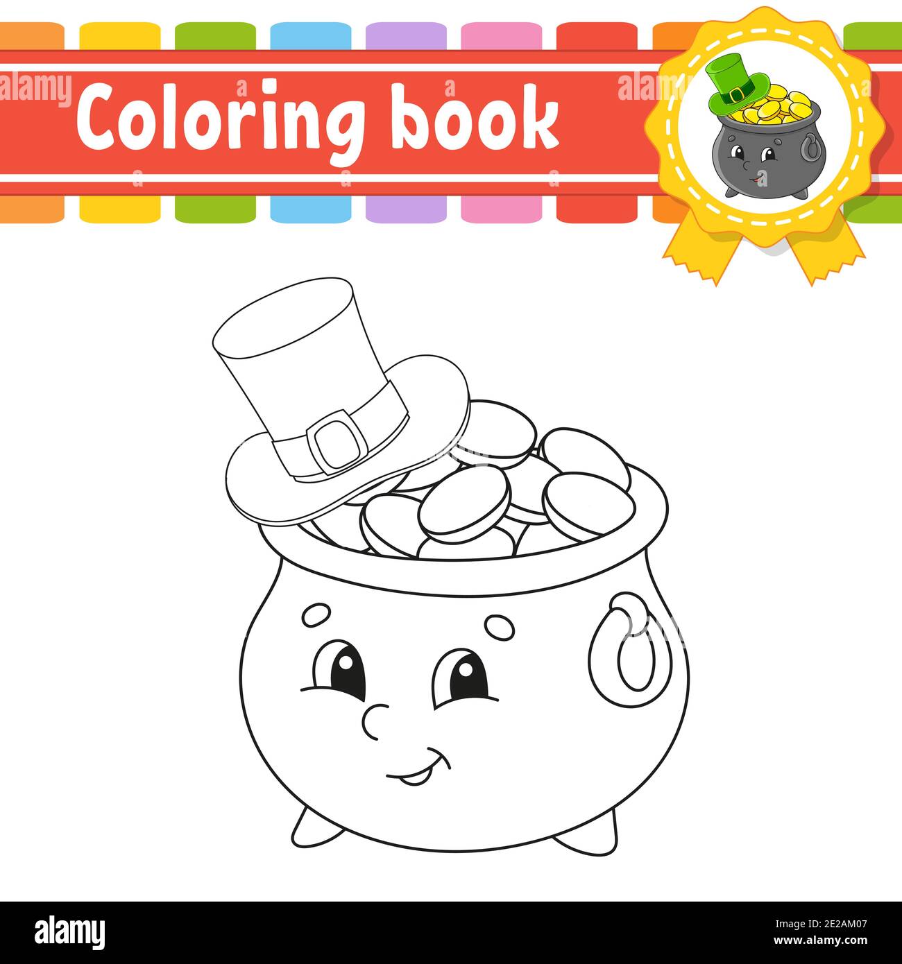 Coloring book for kids cheerful character vector illustration pot of gold in hat cute cartoon style black contour silhouette isolated on white b stock vector image art