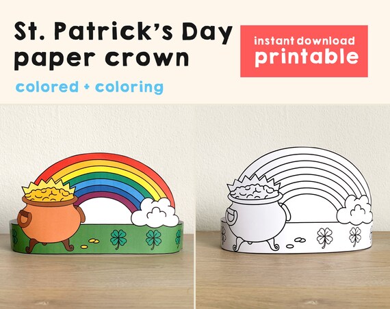 St patricks day paper crown headband pot of gold rainbow party coloring printable kids craft costume printable favor diy instant download