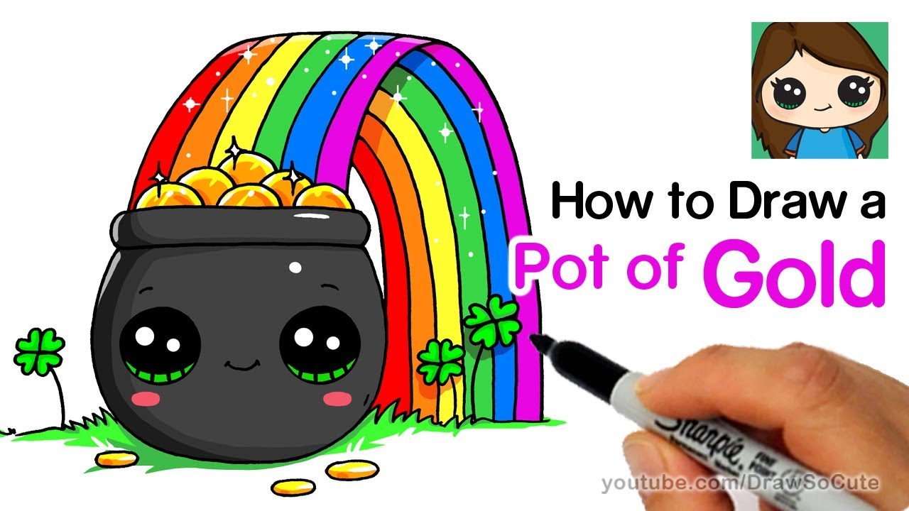 How to draw a pot of gold with rainbow easy