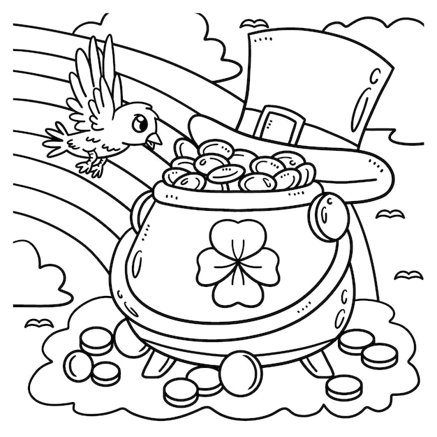 Premium vector saint patricks day pot of gold coloring page