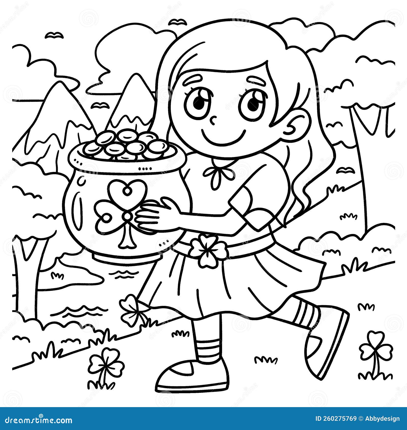 Saint patricks day girl with pot of gold coloring stock vector