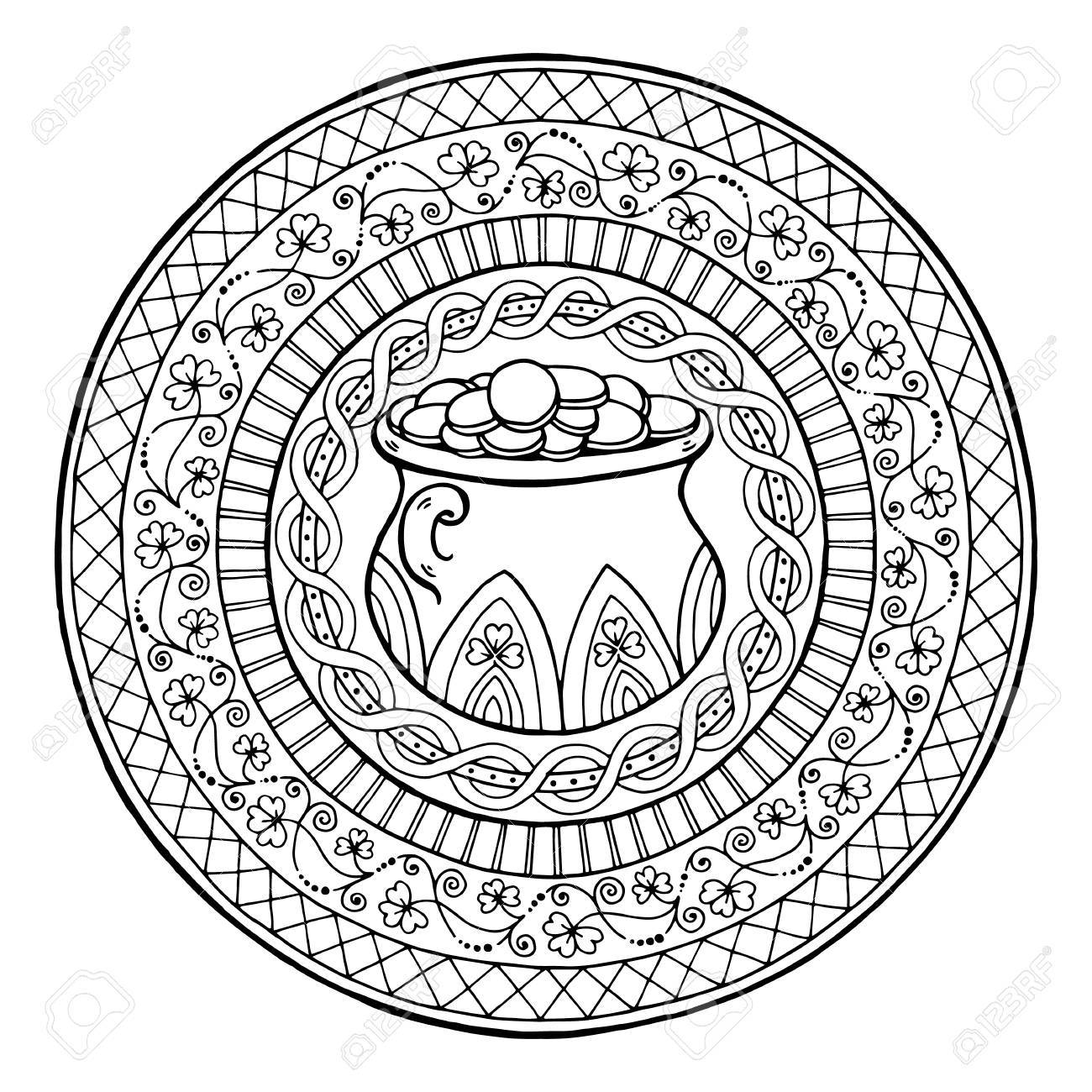 Saint patricks day theme mandala with irish pot of gold and golden coins with clover and ethnic floral ornament made by trace from sketch black white pattern for coloring book for adults