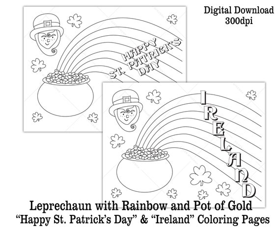 Printable leprechaun st patricks day coloring page kids class activity rainbow pot of gold digital download black and white worksheet