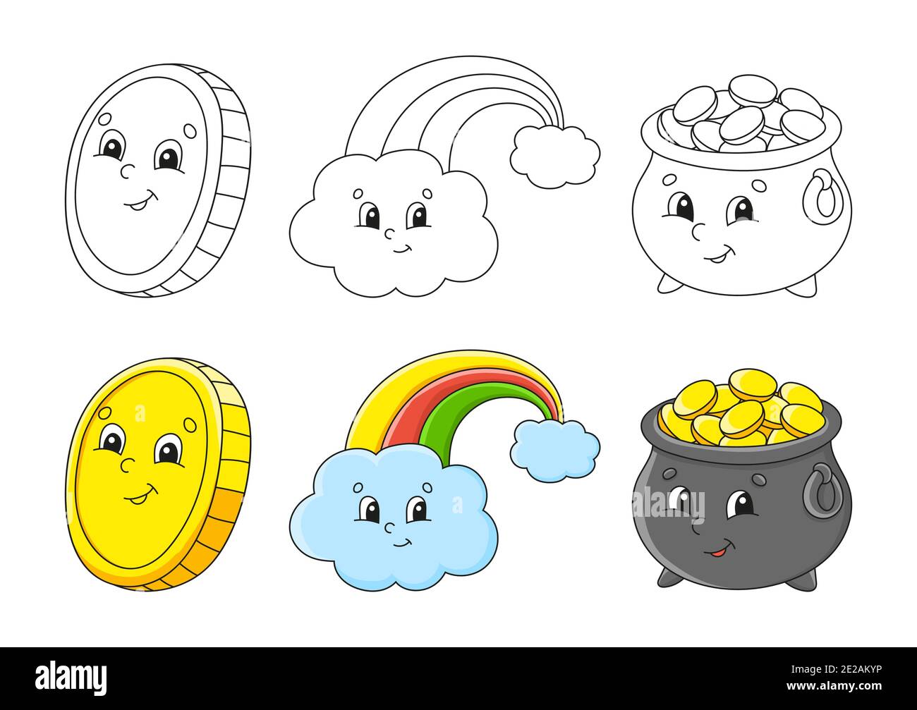 Set coloring page for kids st patricks day pot of gold magic rainbow gold coin cute cartoon characters black stroke vector illustration with stock vector image art