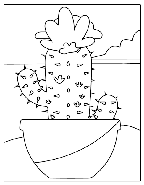 Premium vector houseplants coloring page vector illustration of cactus in cute pot