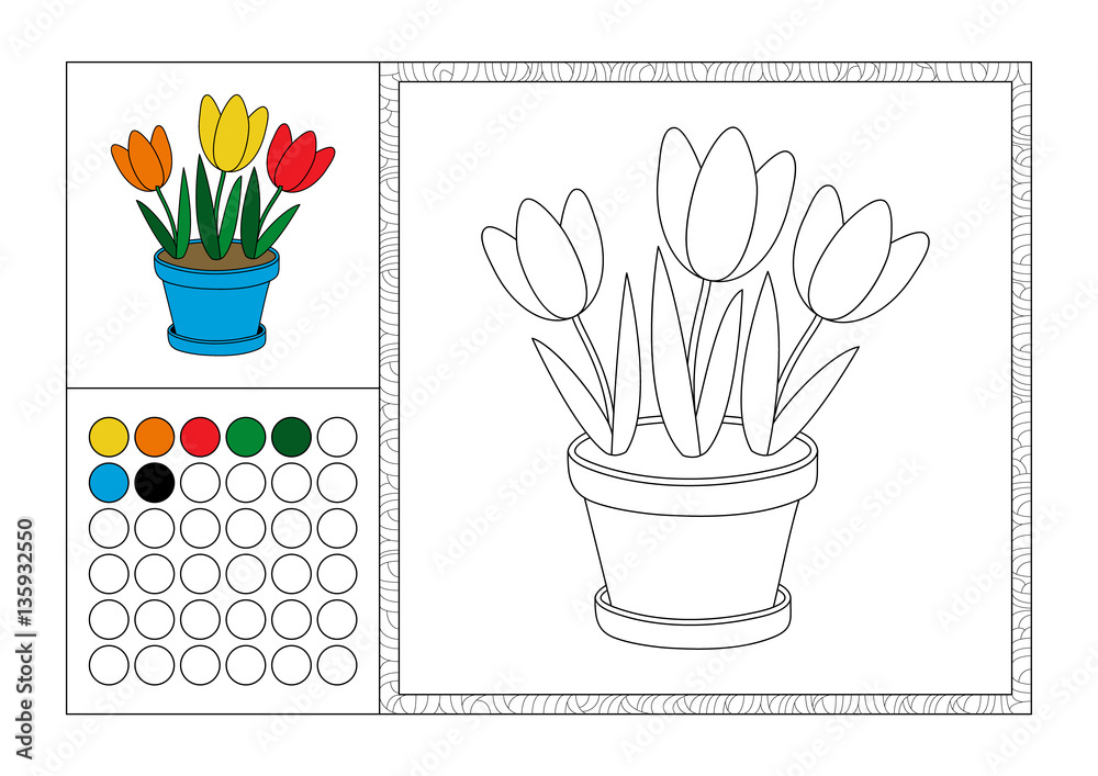 Adult coloring book page with colored template decorative frame and color swatch