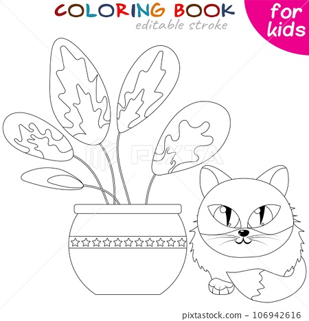 Cat lies near the flower pot coloring book