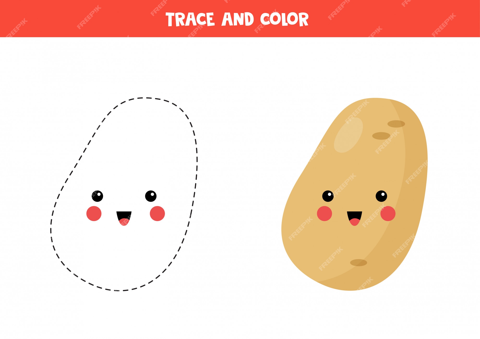 Premium vector trace and color cute kawaii potato coloring page for kids