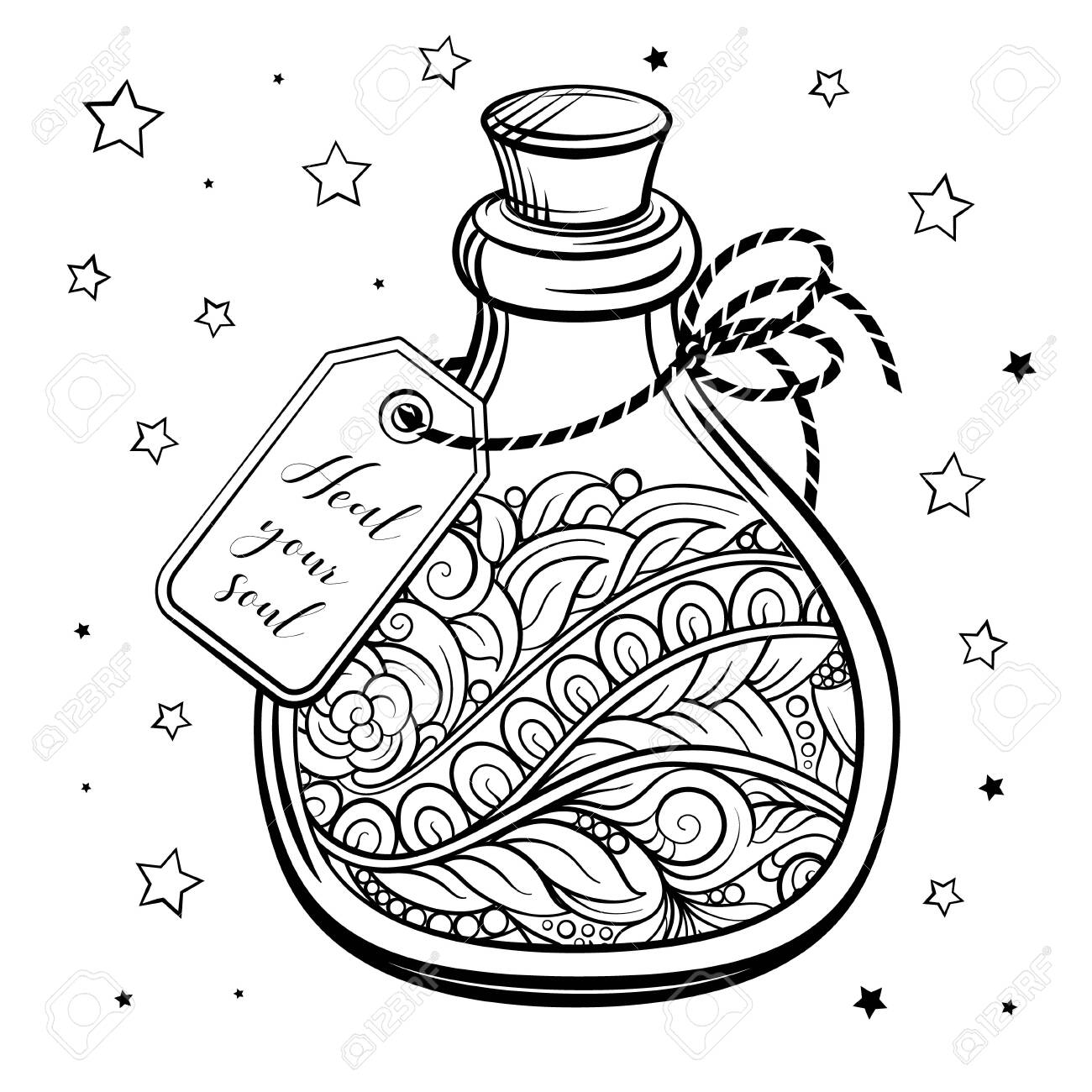 Bottle with magic calming potion black and white vector graphic antistress coloring page royalty free svg cliparts vectors and stock illustration image