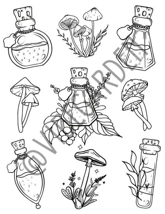 Potions and mushrooms coloring page