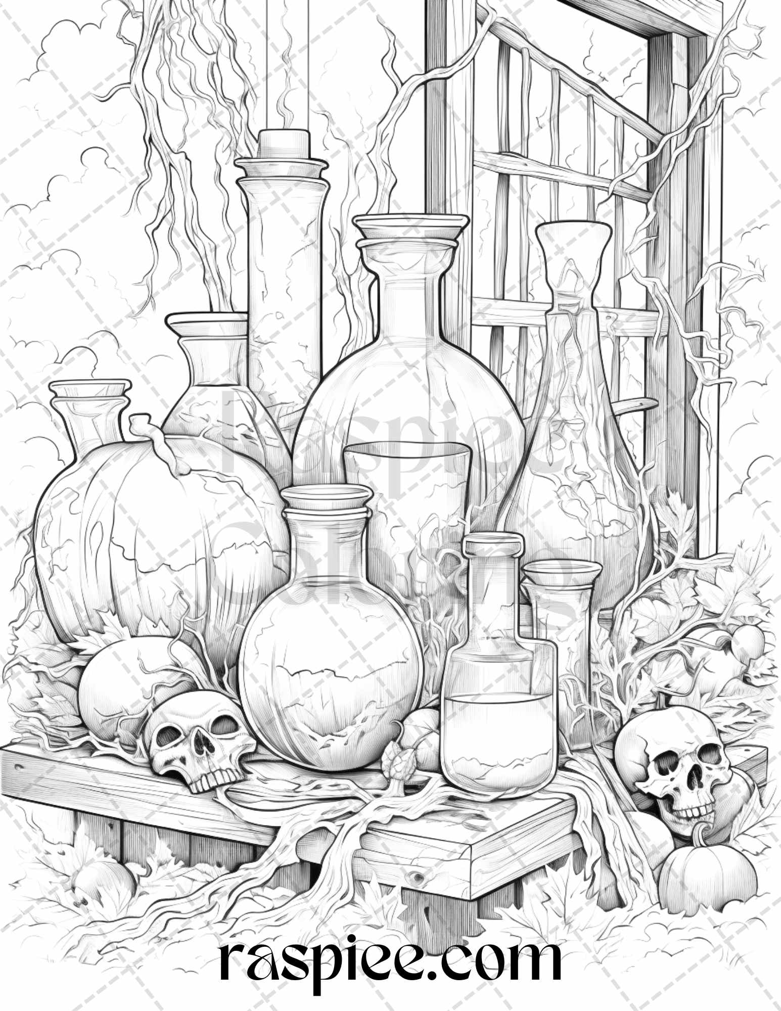 Mystical magic potions grayscale coloring pages printable for adult â coloring