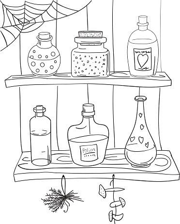 Coloring page with magic potion stock illustration