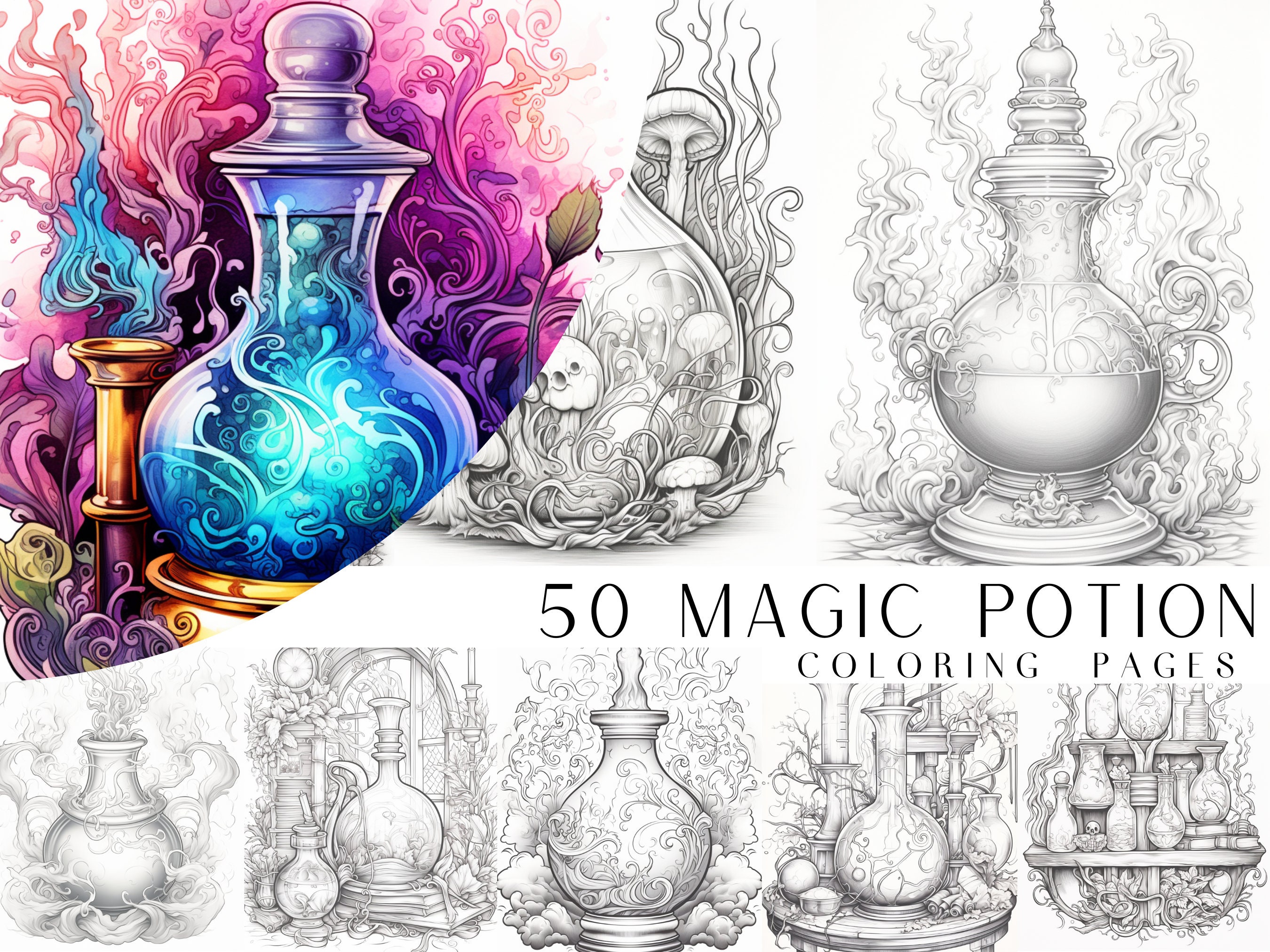 Magic potion coloring pages adult and kids coloring book fantasy coloring sheets instant download printable pdf file