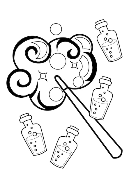 Premium vector witch magic stick and potion coloring pages a for kids and adult