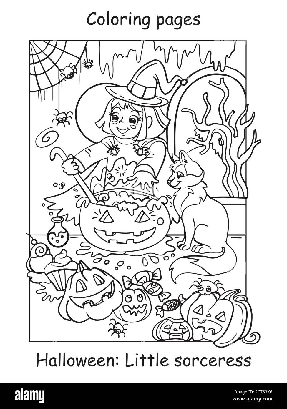 Vector coloring pages little witch cooks a pot of potion halloween concept cartoon contour illustration isolated on white background coloring book stock vector image art