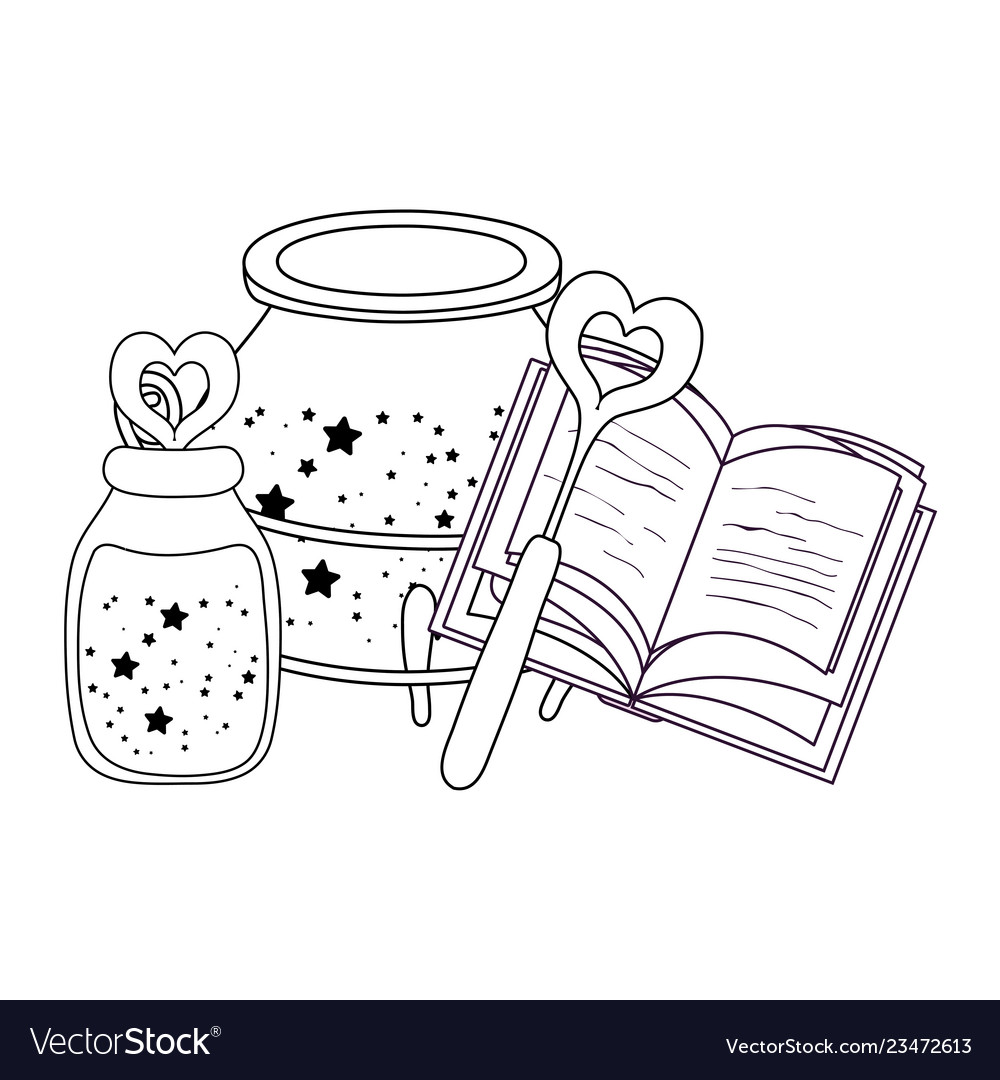 Magic potion bottle with wand and book royalty free vector