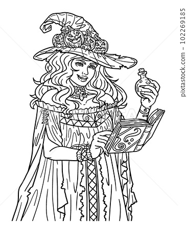 Halloween witch with potion isolated coloring page