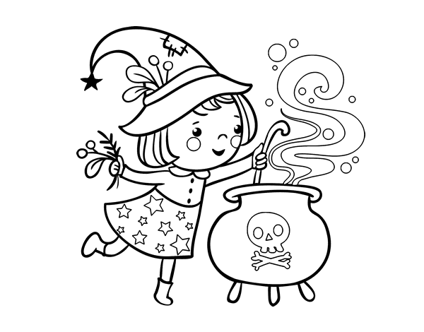 Little witch with potion coloring page